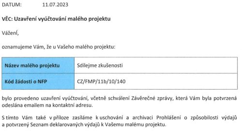 Uzavření vyúčtování malého projektu