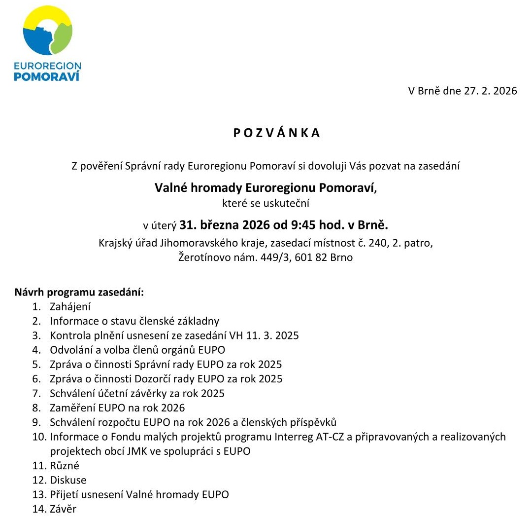 Valná hromada Euroregionu Pomoraví schválila rozpočet na rok 2026